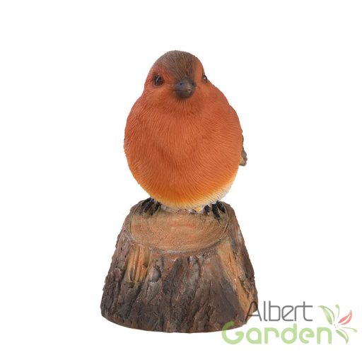 Fatörzsön ülő csiripelő kismadár polyresin szobor, vörösbegy, kültéri és beltéri dekorációs kiegészítő