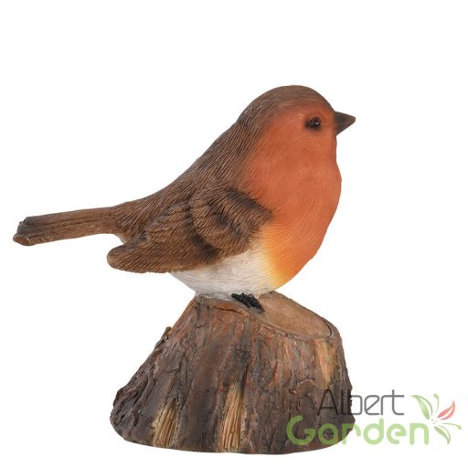Fatörzsön ülő csiripelő kismadár polyresin szobor, vörösbegy, kültéri és beltéri dekorációs kiegészítő
