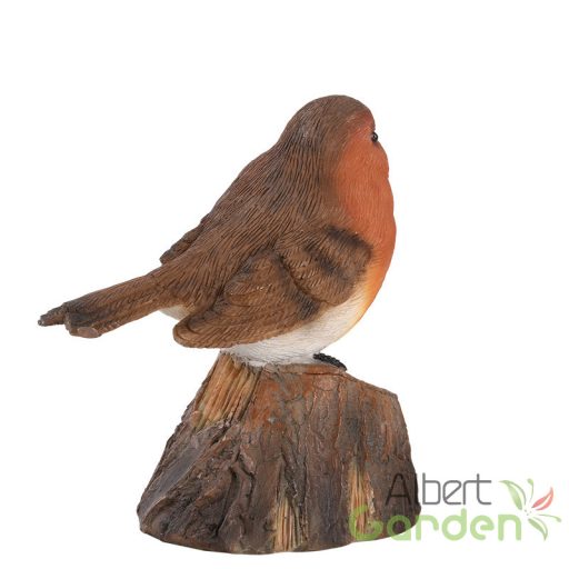 Fatörzsön ülő csiripelő kismadár polyresin szobor, vörösbegy, kültéri és beltéri dekorációs kiegészítő