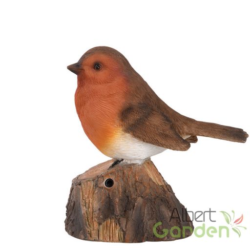 Fatörzsön ülő csiripelő kismadár polyresin szobor, vörösbegy, kültéri és beltéri dekorációs kiegészítő