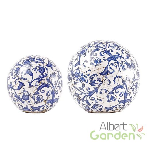 Dekorációs kerámia gömb, kék fehér mintás, 12 cm