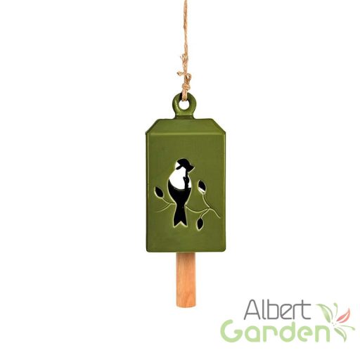 Madaras kerámia szélcsengő, olivazöld