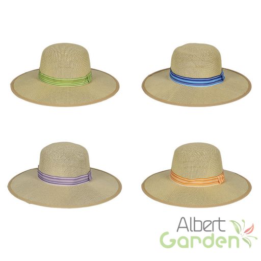 Színes szalagos szalmakalap, lila, 39 cm átmérőjű